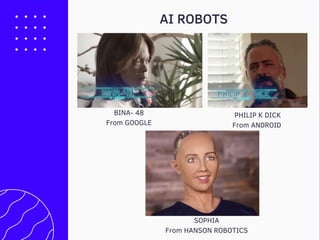 BINA- 48
From GOOGLE
PHILIP K DICK
From ANDROID
SOPHIA
From HANSON ROBOTICS
AI ROBOTS
 