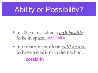 Ability or Possibility?
• In 100 years, schools will be able
to be in space. possibility
• In the future, students will be able
to have a stadium in their school.
possibility

 