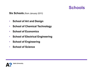 Schools
Six Schools (from January 2011)


• School of Art and Design
• School of Chemical Technology
• School of Economics
• School of Electrical Engineering
• School of Engineering
• School of Science
 