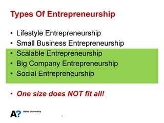 Types Of Entrepreneurship

•   Lifestyle Entrepreneurship
•   Small Business Entrepreneurship
•   Scalable Entrepreneurship
•   Big Company Entrepreneurship
•   Social Entrepreneurship

• One size does NOT fit all!

                8
 