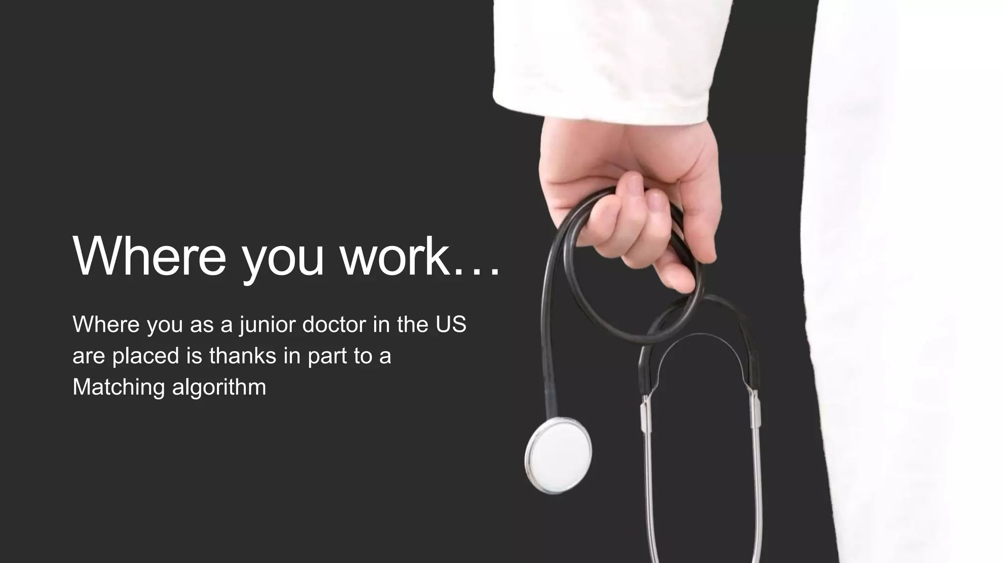 Where you as a junior doctor in the US
are placed is thanks in part to a
Matching algorithm
Where you work…
 