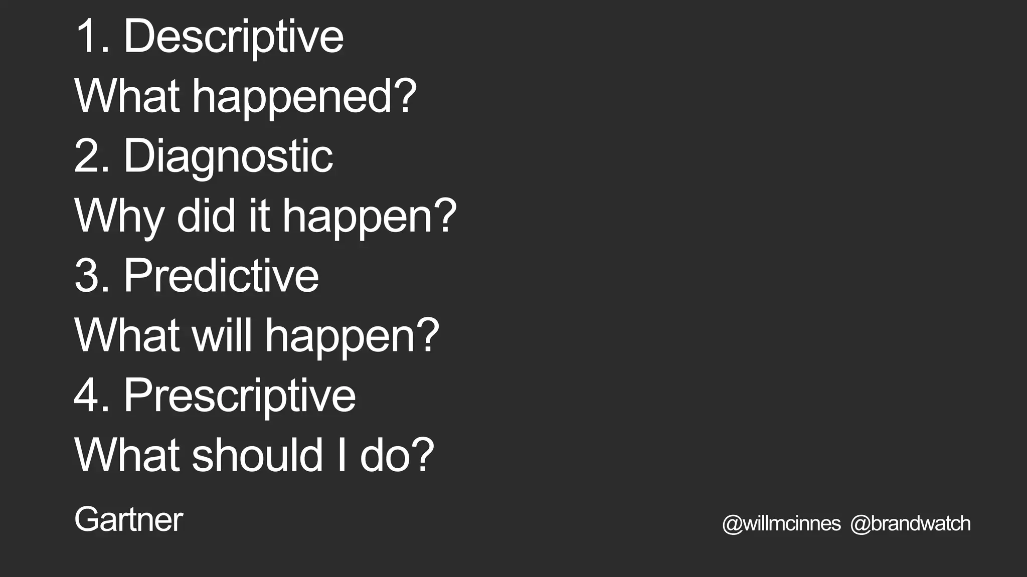 1. Descriptive
What happened?
2. Diagnostic
Why did it happen?
3. Predictive
What will happen?
4. Prescriptive
What should I do?
Gartner @willmcinnes @brandwatch
 
