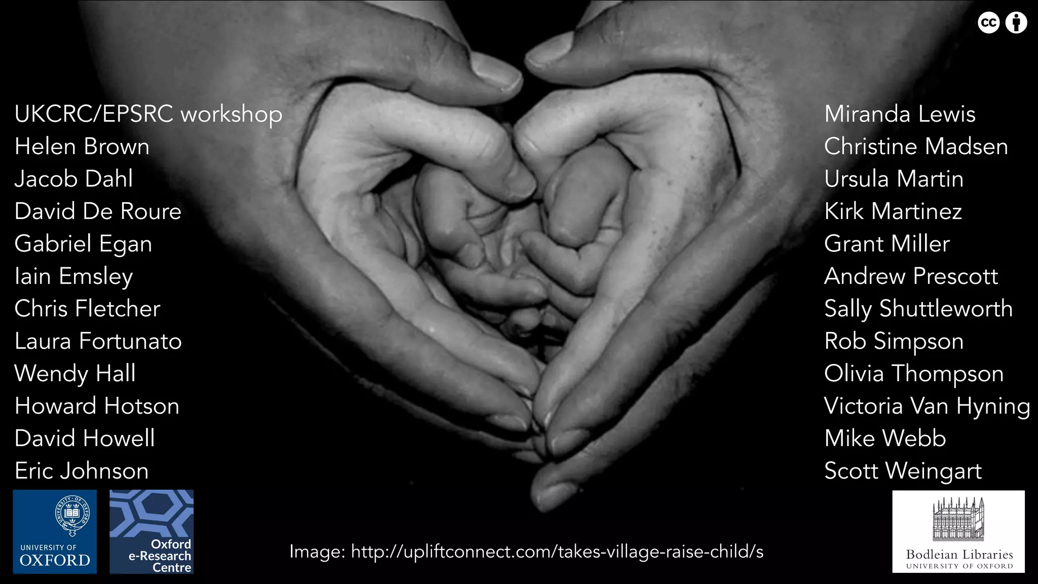 Bodleian Libraries
UNIVERSITY OF OXFORD
UKCRC/EPSRC workshop
Helen Brown
Jacob Dahl
David De Roure
Gabriel Egan
Iain Emsley
Chris Fletcher
Laura Fortunato
Wendy Hall
Howard Hotson
David Howell
Eric Johnson
Miranda Lewis
Christine Madsen
Ursula Martin
Kirk Martinez
Grant Miller
Andrew Prescott
Sally Shuttleworth
Rob Simpson
Olivia Thompson
Victoria Van Hyning
Mike Webb
Scott Weingart
Image: http://upliftconnect.com/takes-village-raise-child/s
 