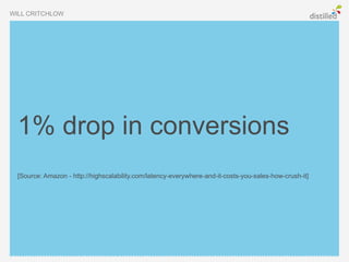 WILL CRITCHLOW




  1% drop in conversions
  [Source: Amazon - http://highscalability.com/latency-everywhere-and-it-costs-you-sales-how-crush-it]
 