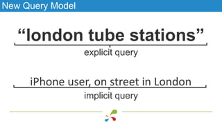 explicit query
implicit query
iPhone user, on street in London
“london tube stations”
New Query Model
 