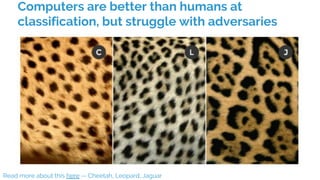 Computers are better than humans at
classification, but struggle with adversaries
Read more about this here -- Cheetah, Leopard, Jaguar
 