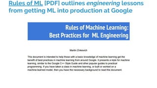 Rules of ML [PDF] outlines engineering lessons
from getting ML into production at Google
 