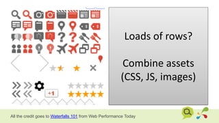 Loads of rows?
Combine assets
(CSS, JS, images)
All the credit goes to Waterfalls 101 from Web Performance Today
 