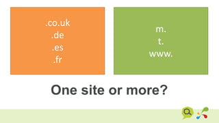 m.
t.
www.
.co.uk
.de
.es
.fr
One site or more?
 