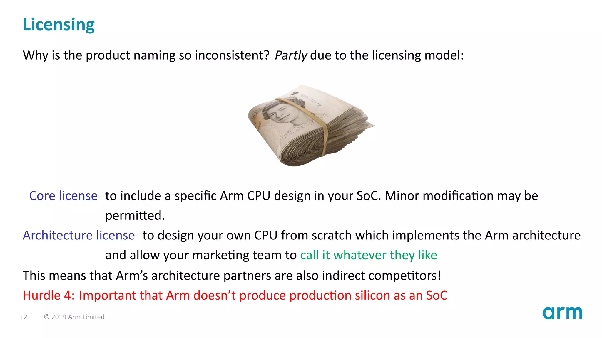 Licensing
Why is the product naming so inconsistent? Partly due to the licensing model:
Core license to include a speciﬁc Arm CPU design in your SoC. Minor modiﬁca on may be
permi ed.
Architecture license to design your own CPU from scratch which implements the Arm architecture
and allow your marke ng team to call it whatever they like
This means that Arm’s architecture partners are also indirect compe tors!
Hurdle 4: Important that Arm doesn’t produce produc on silicon as an SoC
12 © 2019 Arm Limited
 