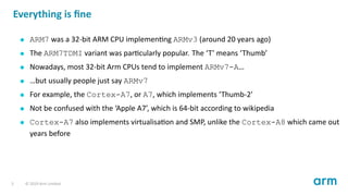 Everything is ﬁne
ARM7 was a 32-bit ARM CPU implemen ng ARMv3 (around 20 years ago)
The ARM7TDMI variant was par cularly p...