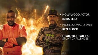 • HOLLYWOOD ACTOR
IDRIS ELBA
• PROFESSIONAL DRIVER
KEN BLOCK
• HEAD-TO-HEAD CAR
STUNT CHALLENGES
 