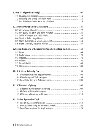 6 | Inhaltsverzeichnis
7. Was ist eigentlich Erfolg? ......................................................... 107
7.1	Hauptsache messbar............................................................. 114
7.2	Leistung und Erfolg sind kein Werk ......................................... 115
7.3	Das Märchen »Jeder kann es schaffen« ................................... 119
8. Zielankunft ist keine Glückssache ............................................. 125
8.1	Zielsetzungstheorien............................................................. 127
8.2	Ein Blatt, ein Stift und zehn Minuten...................................... 134
8.3	Sechs W-Fragen zur Zielklarheit ............................................. 135
8.4	Vorsicht Falle: Negationen..................................................... 146
8.5	Wann durchhalten, wann aufgeben?........................................ 150
8.6	Nicht schreien, bevor es wehtut ............................................. 157
9. Sechs Dinge, die willensstarke Menschen anders machen............. 163
9.1	Power................................................................................. 169
9.2	Performance........................................................................ 173
9.3	Prozess............................................................................... 178
9.4	Präsenz .............................................................................. 181
9.5	Produktivität....................................................................... 185
9.6	Pausen .............................................................................. 188
10. Störfaktor Friendly Fire........................................................... 193
10.1 Unlustgefühle und Bequemlichkeit ........................................ 196
10.2 Ablenkung und Verlockungen................................................ 199
10.3 Gewohnheiten und Automatismen.......................................... 201
11. Willenserschöpfung................................................................ 207
11.1 Ursachen für Willenserschöpfung .......................................... 209
11.2 Einfluss auf Entscheidungen ................................................ 211
11.3 Willenserschöpfung verhindern.............................................. 213
12. Duales System im Kopf ........................................................... 217
12.1 Von Impulsen emanzipieren ................................................. 219
12.2 Bewusste Lenkung der Aufmerksamkeit .................................. 222
12.3 Neue Trampelpfade im Kopf anlegen ...................................... 224
 