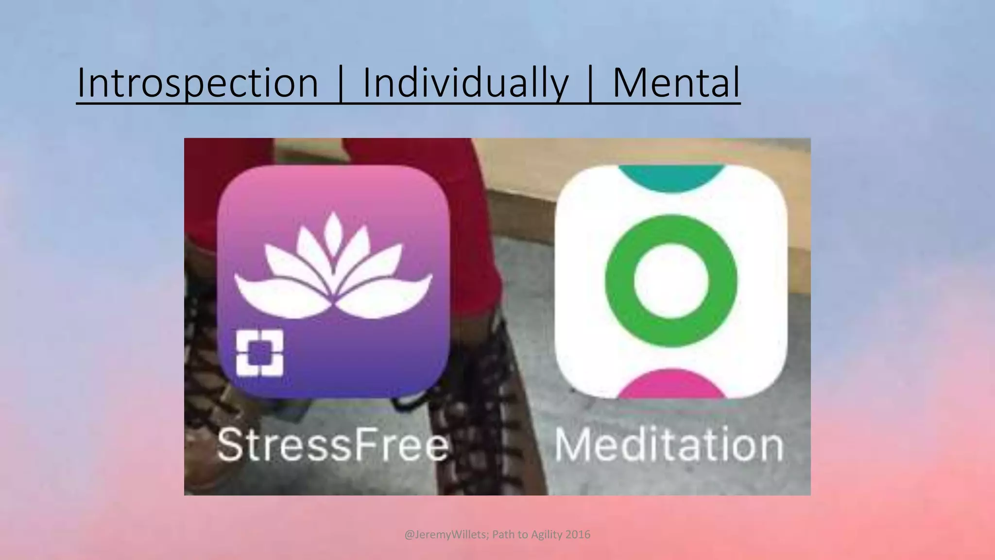 Introspection | Individually | Mental
@JeremyWillets; Path to Agility 2016
 