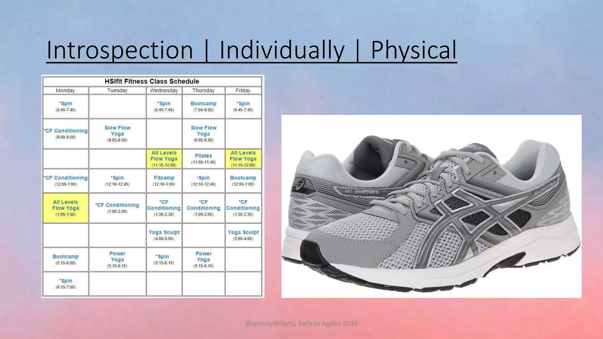 Introspection | Individually | Physical
@JeremyWillets; Path to Agility 2016
 
