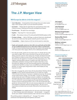 Global Asset Allocation
                                                                                         J.P. Morgan Chase Bank NA,
                                                                                         J.P. Morgan Securities Ltd.
                                                                                         May 11, 2012




 The J.P. Morgan View

Will Europe be able to circle the wagons?
                                                                                         Jan LoeysAC
• Asset Allocation –– Greater political risk in Europe force us to reduce equity         (1-212) 834-5874
  longs, while staying in credit, in our asset allocation portfolio.                     jan.loeys@jpmorgan.com

• Economics –– Weaker data for April delay the expected bounce back in the               John Normand
  Chinese economy. Global growth forecasts unchanged from January.                       (44-20) 7325-5222
                                                                                         john.normand@jpmorgan.com
• Fixed Income –– We add to Euro area hedges.
                                                                                         Nikolaos Panigirtzoglou
• Equities –– Stay long US vs. Euro area equities.                                       (44-20) 7777-0386
                                                                                         nikolaos.panigirtzoglou@jpmorgan.com
• Credit –– We continue to favour US credit and hold NEXGEM markets in EM.
• Foreign exchange –– Add to USD longs, as adverse Greek news should push                Seamus Mac Gorain
  the euro down much more than upside created by positive Greek news.                    (44-20) 7777-2906
                                                                                         seamus.macgorain@jpmorgan.com
• Commodities –– Higher oil prices in H2, but with elevated two-sided risks.
                                                                                         Matthew Lehmann
                                                                                         (44-20) 7777-1830
• Equity and commodity markets are down this week, and bonds and the dollar              matthew.m.lehmann@jpmorgan.com
  are up on political paralysis in Greece and weaker Chinese economic data.
  Credit, in contrast, performed better than other risk markets with spreads only        Leo Evans
                                                                                         (44-20) 7742-2537
  a few basis points wider, largely offset by lower underlying bond yields.              leonard.a.evans@jpmorgan.com

• Over the past month, equities are now down some 7%, though still up on the
  year (chart on right). This is close to the limit of what one can call a profit-
                                                                                        YTD returns through May 10
  taking correction, and now risks turning into a broader and deeper downside           %, equities are in lighter colour.
  move. Relative to where we were a few weeks ago, there is now a near-term
  downside risk, but signals for 3-6 months out still sound positive to us. This                    S&P500
  suggests retaining upside exposure to equities and credit, while flat on                   US High Yield
  commodities and bonds, focusing on the US market where there is least                         EM $ Corp.
  downside risk, adding some near-term downside protection, and keeping                          MSCI EM*
  overall tactical risk below average. In our own GMOS asset allocation model
                                                                                                     EMBIG
  portfolio, we cut the equity long position in half, while keeping net long
  exposures in credit.                                                                   MSCI AC World*
                                                                                                      Topix*
• How does one gauge the various forces driving risk markets? Starting with the                       EM FX
  economy, our 2012 and 2013 growth forecasts, at 2.2% and 2.6%, remain                    US High Grade
  UNCH-ed since late January. Consensus is similarly not moving. The message
                                                                                            MSCI Europe*
  on the world economy remains “low but stable”. For the US, unchanged
  weekly claims and a pop in Michigan consumer confidence are neutralising              EM Local Bonds**
  downside risks from recent weakness in job growth. We are comfortable with             US Fixed Income
  our 2.5% call for Q2. Less encouraging were the April data from China that                            Gold
  forced us to lower our Q2 forecast from 7.8% to 7.0% saar. IP and retail sales
                                                                                       Global Gov Bonds**
  growth are slowing into Q2. Our own and consensus projections on a rebound
  in H2 depend on monetary and fiscal easing measures. The next reserve              Europe Fixed Income*
  requirement cut should come next month, followed by fiscal stimulus in the                        US cash
  summer.                                                                                          GSCI TR
                                                                                                                0                  5                 10
• Price momentum is now slightly positive for risk assets, down from strongly           Source: J.P. Morgan, Bloomberg. Returns in USD. *Local
  so. That is because short-term momentum –– the last month –– is negative,             currency. **Hedged into USD. Euro Fixed Income is Iboxx Overall
                                                                                        Index. US HG, HY, EMBIG and EM $ Corp are JPM indices. EM
  but the more reliable 6-month momentum, that is the basis of our rule-based           FX is ELMI+ in $.

The certifying analyst is indicated by an AC. See page 7 for analyst                     www.morganmarkets.com
certification and important legal and regulatory disclosures.
 