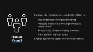 • Forum of uber product owners and stakeholders to:
– Review product strategy and roadmap
– What are we currently working on? What is
ahead of us?
– Presentation of any conﬂicting priorities
– Final decision of prioritisation
• Enables a joined-up approach to decision making.
Product
Council
 