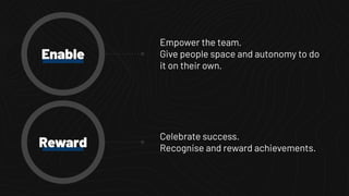 Enable
Celebrate success.
Recognise and reward achievements.Reward
Empower the team.
Give people space and autonomy to do
it on their own.
 