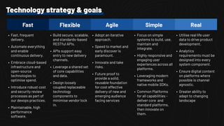 Flexible Agile RealFast
• Utilise real life user
data to drive product
development.
• Analytics
requirements must be
designed into every
system component.
• Ensure digital content
on platforms where
possible is channel
agnostic.
• Greater ability to
adapt to changing
landscape
• Fast, frequent
delivery.
• Automate everything
and enable
continuous delivery.
• Embrace cloud-based
infrastructure and
open-source
technologies to
optimise spend.
• Introduce robust cost
and security review
processes as part of
our devops practices.
• Maintainable, high
performance
software.
• Adopt an iterative
approach.
• Speed to market and
early discover is
paramount.
• Innovate and take
risks.
• Future proof to
provide a solid,
reusable foundation
for cost effective
delivery of new and
emerging audience
facing services
• Build secure, scalable,
and standards-based
RESTful APIs.
• APIs support easy
entry to new delivery
channels.
• Leverage a shared set
of core capabilities
and data.
• Design loosely
coupled replaceable
technology
components to
minimise vendor lock
in.
Simple
• Focus on simple
systems to build, use,
maintain and
integrate.
• Highly responsive and
engaging user
experiences across all
platforms.
• Leveraging modern
frameworks and
native mobile SDKs.
• Common Platforms
for all capabilities -
deliver core and
standard platforms,
then innovate on
them.
Technology strategy & goals
 