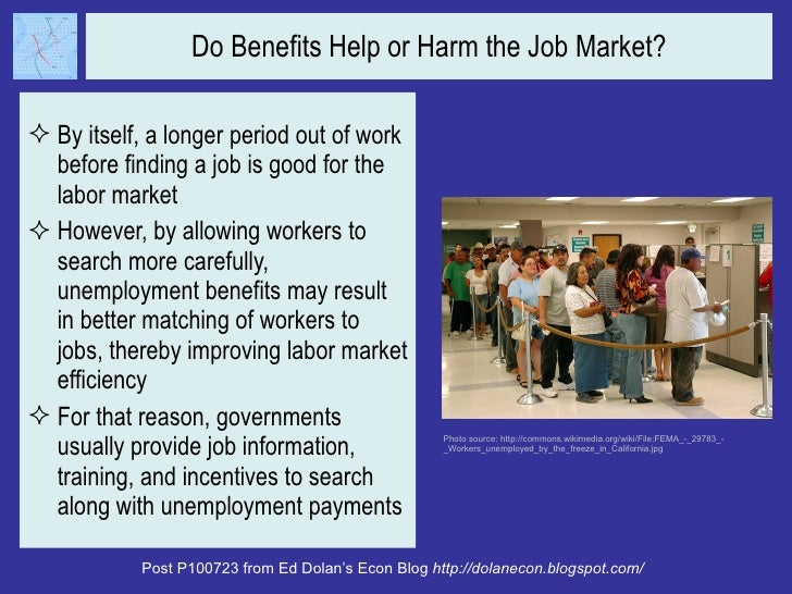 Do Benefits Help or Harm the Job Market? <ul><li>By itself, a longer period out of work before finding a job is good for t...
