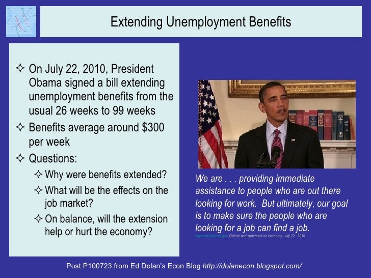 Extending Unemployment Benefits <ul><li>On July 22, 2010, President Obama signed a bill extending unemployment benefits fr...
