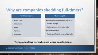 Why are companies shedding full-timers?
Cost to company
• Health care
• Retirement
• Leave
• Premises
• Equipment
Business agility
• Companies must respond quickly to
market changes
• Automation is eliminating jobs
• Sunset industries
• Need specific skills for short periods
A PRESENTATION BY CLIVE LOTTER
Technology allows work when and where people choose
 