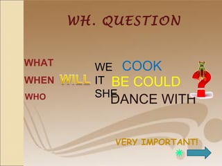 WH. QUESTION
WE
IT
SHE
COOK
BE COULD
DANCE WITH
VERY IMPORTANT!
WHAT
WHEN
WHO
 