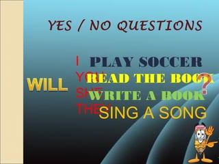 YES / NO QUESTIONS
I
YOU
SHE
THEY
PLAY SOCCER
READ THE BOOK
WRITE A BOOK
SING A SONG
 