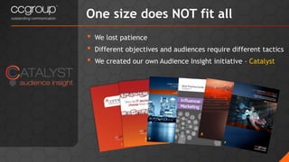 • We lost patience
• Different objectives and audiences require different tactics
• We created our own Audience Insight initiative – Catalyst
One size does NOT fit all
 