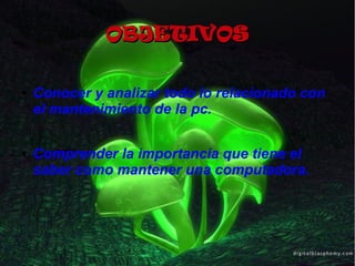 OBJETIVOSOBJETIVOS
● Conocer y analizar todo lo relacionado con
el mantenimiento de la pc.
● Comprender la importancia que tiene el
saber como mantener una computadora.
 