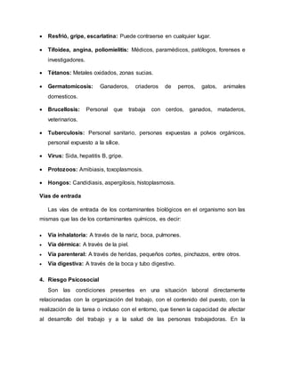  Resfrió, gripe, escarlatina: Puede contraerse en cualquier lugar.
 Tifoidea, angina, poliomielitis: Médicos, paramédicos, patólogos, forenses e
investigadores.
 Tétanos: Metales oxidados, zonas sucias.
 Germatomicosis: Ganaderos, criaderos de perros, gatos, animales
domesticos.
 Brucellosis: Personal que trabaja con cerdos, ganados, mataderos,
veterinarios.
 Tuberculosis: Personal sanitario, personas expuestas a polvos orgánicos,
personal expuesto a la sílice.
 Virus: Sida, hepatitis B, gripe.
 Protozoos: Amibiasis, toxoplasmosis.
 Hongos: Candidiasis, aspergilosis, histoplasmosis.
Vías de entrada
Las vías de entrada de los contaminantes biológicos en el organismo son las
mismas que las de los contaminantes químicos, es decir:
 Vía inhalatoria: A través de la nariz, boca, pulmones.
 Vía dérmica: A través de la piel.
 Vía parenteral: A través de heridas, pequeños cortes, pinchazos, entre otros.
 Vía digestiva: A través de la boca y tubo digestivo.
4. Riesgo Psicosocial
Son las condiciones presentes en una situación laboral directamente
relacionadas con la organización del trabajo, con el contenido del puesto, con la
realización de la tarea o incluso con el entorno, que tienen la capacidad de afectar
al desarrollo del trabajo y a la salud de las personas trabajadoras. En la
 