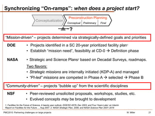 Synchronizing “On-ramps”: when does a project start?
                                                                   Preconstruction Planning
                                 Conceptualization
                                                                  Conceptual      Preliminary       Final

                                                                    ?
 “Mission-driven” – projects determined via strategically-defined goals and priorities

   DOE                 • Projects identified in a SC 20-year prioritized facility plan1
                       • Establish “mission need”, feasibility at CD-0  Definition phase

   NASA                • Strategic and Science Plans2 based on Decadal Surveys, roadmaps.
                       Two flavors:
                       • Strategic missions are internally initiated (KDP-A) and managed
                       • “PI-led” missions are competed in Phase A  selected  Phase B

 “Community-driven” – projects “bubble up” from the scientific disciplines
   NSF                • Peer-reviewed unsolicited proposals, workshops, studies, etc.
                      • Evolved concepts may be brought to development
 1. Facilities for the Future of Science, A twenty year outlook, DOE/SC-0078, Dec 2003; and Four Years Later: an Interim
 Report on Facilities for the Future…, Aug 2007. 2. NASA Strategic Plan, 2006; and NASA Science Plan 2007–2016

PMC2010: Partnering challenges on large projects                                                                           W. Miller   21
 
