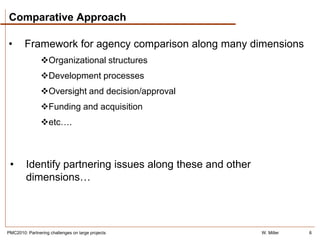 Comparative Approach

•       Framework for agency comparison along many dimensions
                Organizational structures
                Development processes
                Oversight and decision/approval
                Funding and acquisition
                etc….



 •       Identify partnering issues along these and other
         dimensions…




PMC2010: Partnering challenges on large projects            W. Miller   6
 