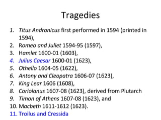 Tragedies Titus Andronicus  first performed in 1594 (printed in 1594), R omeo and Juliet  1594-95 (1597), H amlet  1600-01 (1603), Julius Caesar  1600-01 (1623), Othello  1604-05 (1622), Antony and Cleopatra  1606-07 (1623),  King Lear  1606 (1608), Coriolanus  1607-08 (1623), derived from Plutarch Timon of Athens  1607-08 (1623), and M acbeth  1611-1612 (1623). Troilus and Cressida   