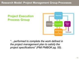 Research Model: Project Management Group Processes




    Project Execution                            Planning


    Process Group
                                                              Close -
                                   Initiation   Execution
                                                               Out



                                                Monitoring
                                                    &         Final Result
                                                Controlling




      “…performed to complete the work defined in
      the project management plan to satisfy the
      project specifications” (PMI PMBOK pg. 55).


                                                                             10
 
