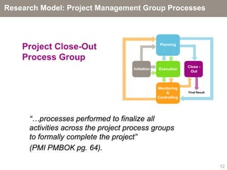 Research Model: Project Management Group Processes




    Project Close-Out                              Planning


    Process Group
                                                                Close -
                                     Initiation   Execution
                                                                 Out



                                                  Monitoring
                                                      &         Final Result
                                                  Controlling




      “…processes performed to finalize all
      activities across the project process groups
      to formally complete the project”
      (PMI PMBOK pg. 64).

                                                                               12
 