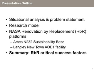 Presentation Outline




  • Situational analysis & problem statement
  • Research model
  • NASA Renovation by Replacement (RbR)
    platforms
     – Ames N232 Sustainability Base
     – Langley New Town AOB1 facility
  • Summary: RbR critical success factors


                                               2
 