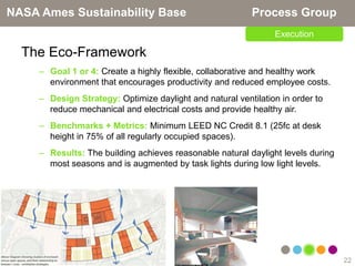 NASA Ames Sustainability Base                              Process Group
                                                                Execution

  The Eco-Framework
     – Goal 1 or 4: Create a highly flexible, collaborative and healthy work
       environment that encourages productivity and reduced employee costs.
     – Design Strategy: Optimize daylight and natural ventilation in order to
       reduce mechanical and electrical costs and provide healthy air.
     – Benchmarks + Metrics: Minimum LEED NC Credit 8.1 (25fc at desk
       height in 75% of all regularly occupied spaces).
     – Results: The building achieves reasonable natural daylight levels during
       most seasons and is augmented by task lights during low light levels.




                                                                                  22
 