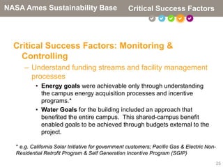 NASA Ames Sustainability Base                       Critical Success Factors
                                                                 



  Critical Success Factors: Monitoring &
    Controlling
      – Understand funding streams and facility management
        processes
           • Energy goals were achievable only through understanding
             the campus energy acquisition processes and incentive
             programs.*
           • Water Goals for the building included an approach that
             benefited the entire campus. This shared-campus benefit
             enabled goals to be achieved through budgets external to the
             project.

   * e.g. California Solar Initiative for government customers; Pacific Gas & Electric Non-
   Residential Retrofit Program & Self Generation Incentive Program (SGIP)
                                                                                              25
 