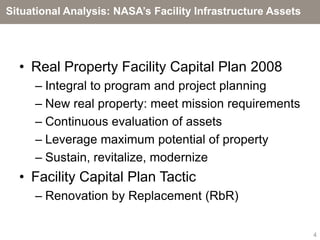 Situational Analysis: NASA’s Facility Infrastructure Assets




  • Real Property Facility Capital Plan 2008
     – Integral to program and project planning
     – New real property: meet mission requirements
     – Continuous evaluation of assets
     – Leverage maximum potential of property
     – Sustain, revitalize, modernize
  • Facility Capital Plan Tactic
     – Renovation by Replacement (RbR)

                                                              4
 