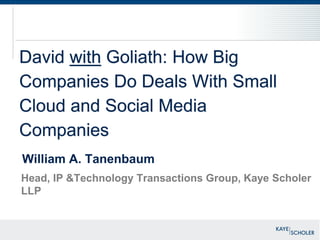David with Goliath: How Big
Companies Do Deals With Small
Cloud and Social Media
Companies
William A. Tanenbaum
Head, IP &Technology Transactions Group, Kaye Scholer
LLP
Copyright © 2014 by William A. Tanenbaum and Ross Docksey. All Rights Reserved
 