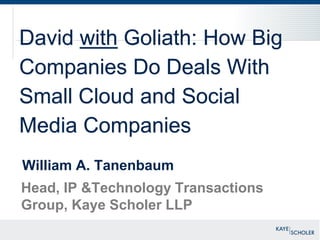 David with Goliath: How Big
Companies Do Deals With
Small Cloud and Social
Media Companies
William A. Tanenbaum
Head, IP &Technology Transactions
Group, Kaye Scholer LLP
 