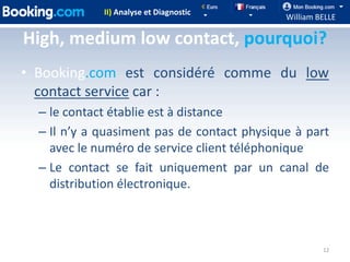 II) Analyse et Diagnostic
                                             William BELLE

High, medium low contact, pourquoi?
• Booking.com est considéré comme du low
  contact service car :
  – le contact établie est à distance
  – Il n’y a quasiment pas de contact physique à part
    avec le numéro de service client téléphonique
  – Le contact se fait uniquement par un canal de
    distribution électronique.



                                                      12
 