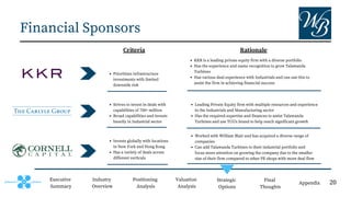 Executive
Summary
Positioning
Analysis
Valuation
Analysis
Strategic
Options
Final
Thoughts
Appendix
Industry
Overview
Rationale
Criteria
Prioritizes infrastructure
investments with limited
downside risk
Strives to invest in deals with
capabilities of 750+ million
Broad capabilities and invests
heavily in Industrial sector
KKR is a leading private equity firm with a diverse portfolio
Has the experience and name recognition to grow Talawanda
Turbines
Has various deal experience with Industrials and can use this to
assist the firm in achieving financial success
Leading Private Equity firm with multiple resources and experience
in the Industrials and Manufacturing sector
Has the required expertise and finances to assist Talawanda
Turbines and use TCG's brand to help reach significant growth
Worked with William Blair and has acquired a diverse range of
companies
Can add Talawanda Turbines to their industrial portfolio and
focus more attention on growing the company due to the smaller
size of their firm compared to other PE shops with more deal flow
Invests globally with locations
in New York and Hong Kong
Has a variety of deals across
different verticals
Financial Sponsors
20
 