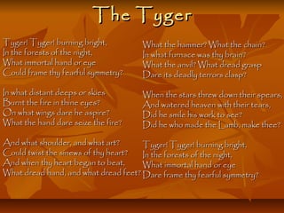 TheThe TygerTyger
Tyger! Tyger! burning bright,Tyger! Tyger! burning bright,
In the forests of the night,In the forests of the night,
What immortal hand or eyeWhat immortal hand or eye
Could frame thy fearful symmetry?Could frame thy fearful symmetry?
In what distant deeps or skiesIn what distant deeps or skies
Burnt the fire in thine eyes?Burnt the fire in thine eyes?
On what wings dare he aspire?On what wings dare he aspire?
What the hand dare seize the fire?What the hand dare seize the fire?
And what shoulder, and what art?And what shoulder, and what art?
Could twist the sinews of thy heart?Could twist the sinews of thy heart?
And when thy heart began to beat,And when thy heart began to beat,
What dread hand, and what dread feet?What dread hand, and what dread feet?
What the hammer? What the chain?What the hammer? What the chain?
In what furnace was thy brain?In what furnace was thy brain?
What the anvil? What dread graspWhat the anvil? What dread grasp
Dare its deadly terrors clasp?Dare its deadly terrors clasp?
When the stars threw down their spears,When the stars threw down their spears,
And watered heaven with their tears,And watered heaven with their tears,
Did he smile his work to see?Did he smile his work to see?
Did he who made the Lamb, make thee?Did he who made the Lamb, make thee?
Tyger! Tyger! burning bright,Tyger! Tyger! burning bright,
In the forests of the night,In the forests of the night,
What immortal hand or eyeWhat immortal hand or eye
Dare frame thy fearful symmetry?Dare frame thy fearful symmetry?
 