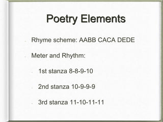 Poetry Elements
Rhyme scheme: AABB CACA DEDE
Meter and Rhythm:
1st stanza 8-8-9-10
2nd stanza 10-9-9-9
3rd stanza 11-10-11-11
 