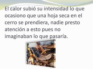 El calor subió su intensidad lo que
ocasiono que una hoja seca en el
cerro se prendiera, nadie presto
atención a esto pues no
imaginaban lo que pasaría.
 