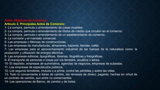 Actos Objetivos de Comercio.
Artículo 2. Principales Actos de Comercio:
1- La compra, permuta o arrendamiento de cosas muebles.
2- La compra, permuta o arrendamiento de títulos de crédito que circulen en el comercio.
3- La compra, permuta o arrendamiento de un establecimiento de comercio.
4- La comisión y el mandato comercial.
5- Las empresas o fábricas de construcciones.
6- Las empresas de manufacturas, almacenes, bazares, tiendas, cafés.
7- Las empresas para el aprovechamiento industrial de las fuerzas de la naturaleza como: la
producción y utilización de energía eléctrica.
8- Las empresas editoras, tipográficas, librerías, litográficas y fotográficas.
9- El transporte de personas o cosas por vía terrestre, acuática o aérea.
10- El depósito, empresas de suministros, agencias de negocios, empresas de subastas.
11- Las empresas de espectáculos públicos.
12- Los seguros terrestres, mutuos o a prima, contra las pérdidas y sobre las vidas.
13- Todo lo concerniente a letras de cambio, las remesas de dinero, pagarés, hechas en virtud de
un contrato de cambio, aun entre no comerciantes.
14- Las operaciones de Banco, de cambio y de bolsa.
 