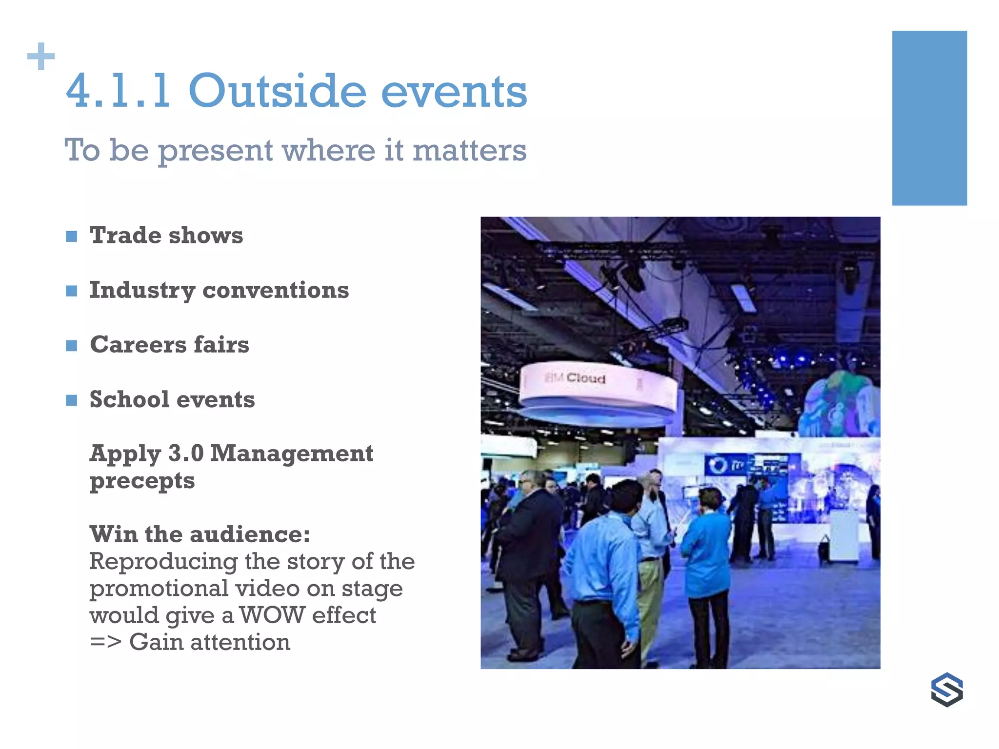 +
4.1.1 Outside events
To be present where it matters
 Trade shows
 Industry conventions
 Careers fairs
 School events
Apply 3.0 Management
precepts
Win the audience:
Reproducing the story of the
promotional video on stage
would give a WOW effect
=> Gain attention
 