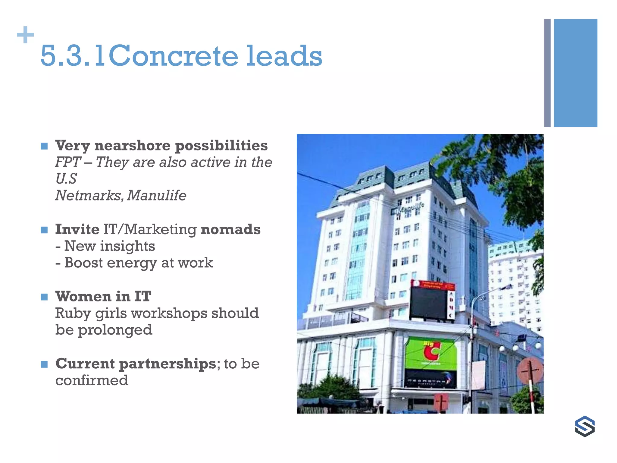 +
5.3.1Concrete leads
 Very nearshore possibilities
FPT – They are also active in the
U.S
Netmarks,Manulife
 Invite IT/Marketing nomads
- New insights
- Boost energy at work
 Women in IT
Ruby girls workshops should
be prolonged
 Current partnerships; to be
confirmed
 